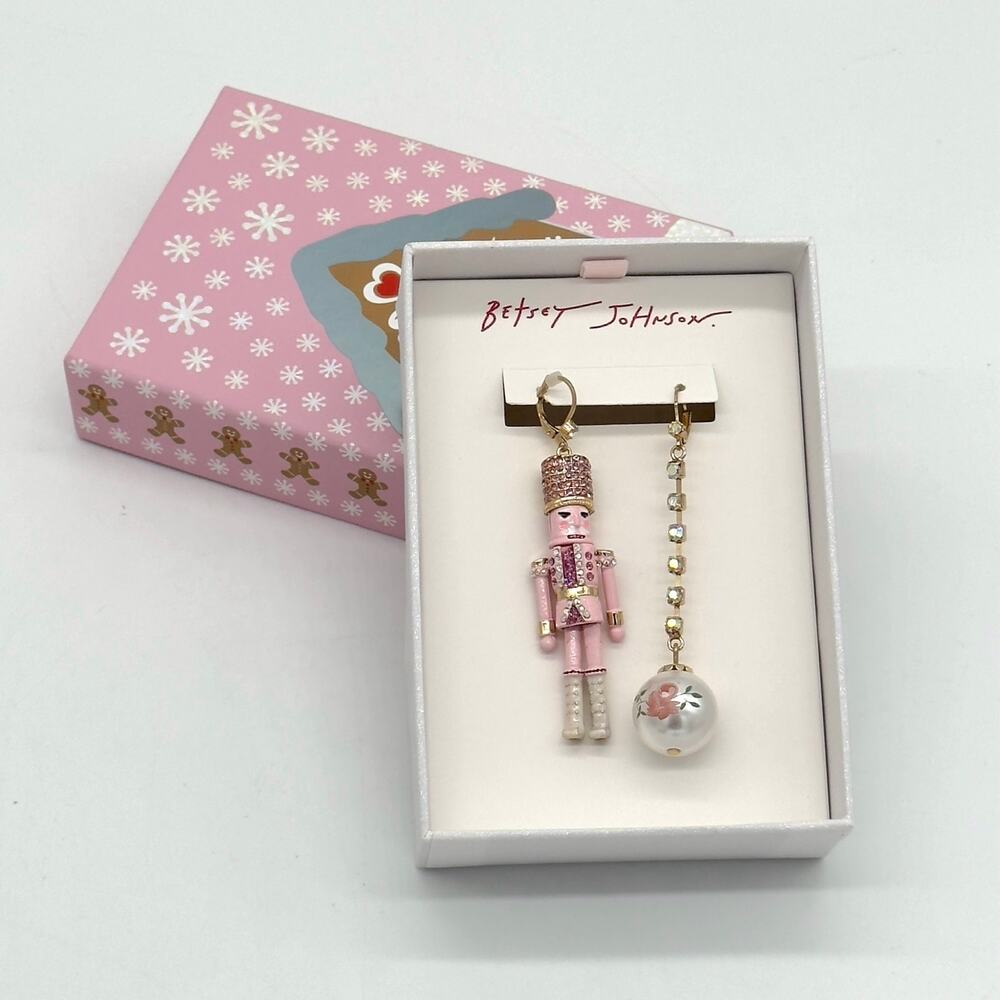 Betsey Johnson Pink Nutcracker Faux Pearl Linear Mismatched Earrings NEW